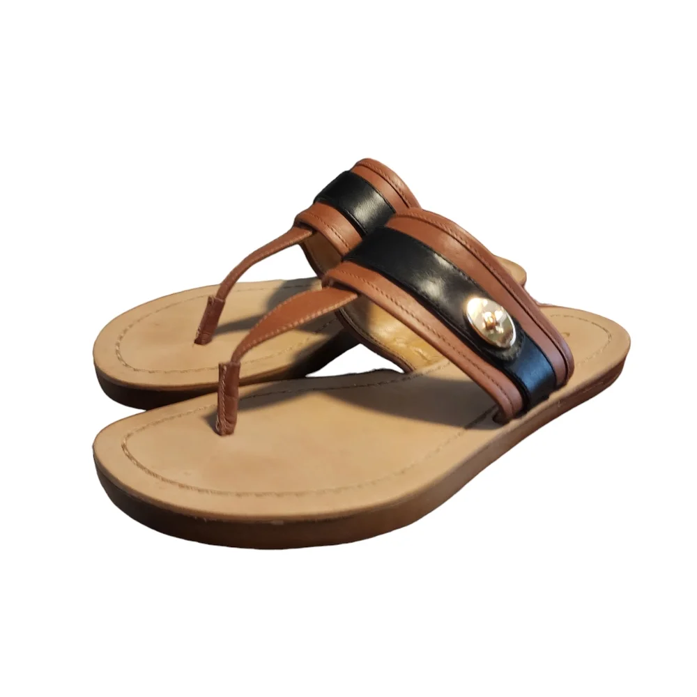 Coach Brown and Black Leather Thong Sandals